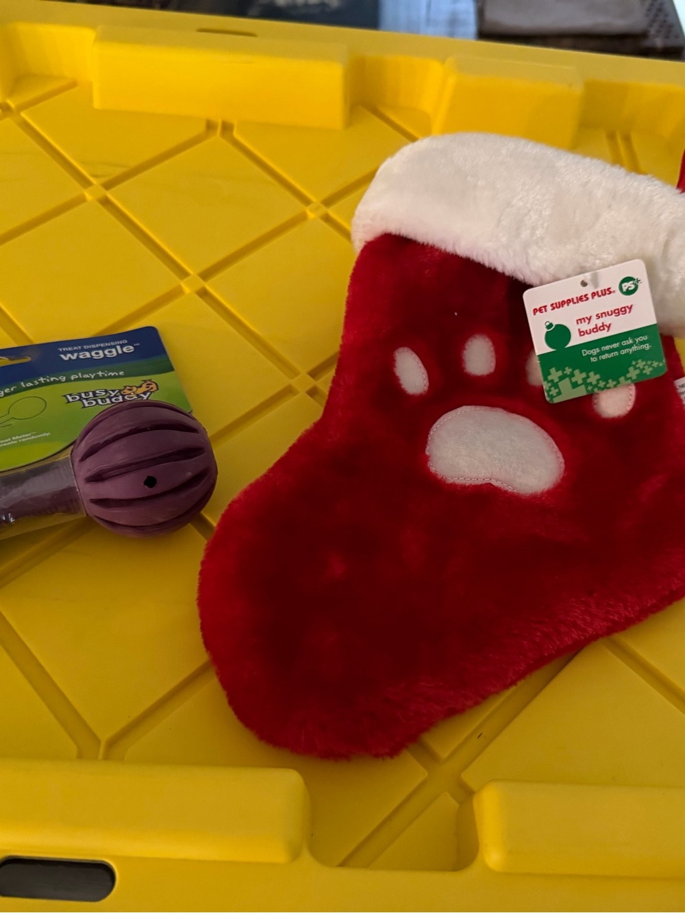 Red Plush Snuggy Buddy dog toy and Christmas Stocking